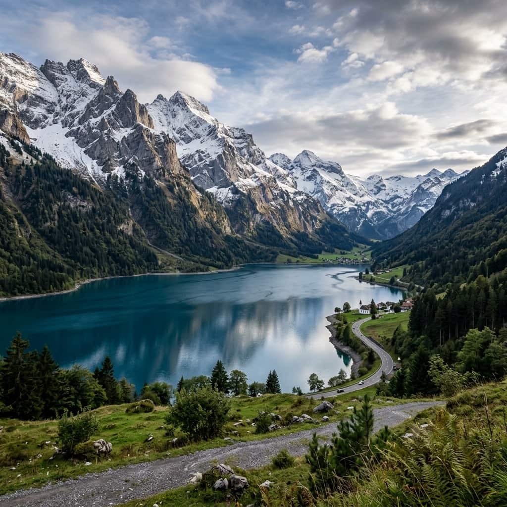 Klöntalersee mit spiegelnden Bergketten im Kanton Glarus