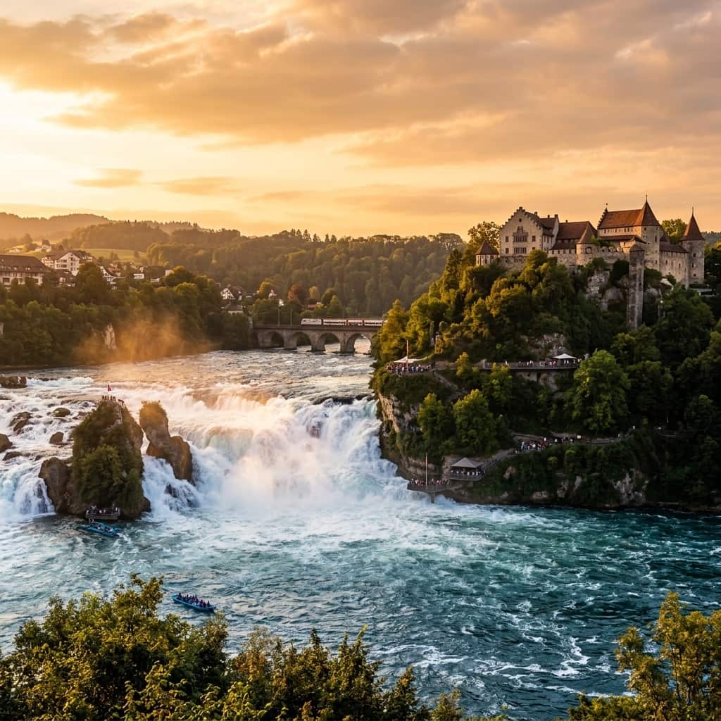 Der Rheinfall in Schaffhausen mit dem Schloss Laufen auf dem Felsen