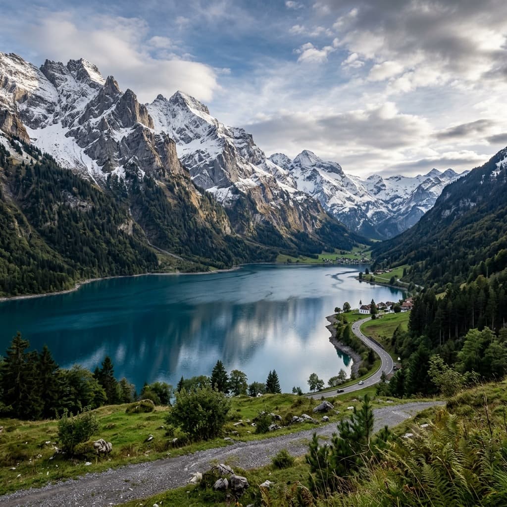 Klöntalersee mit spiegelnden Bergketten im Kanton Glarus