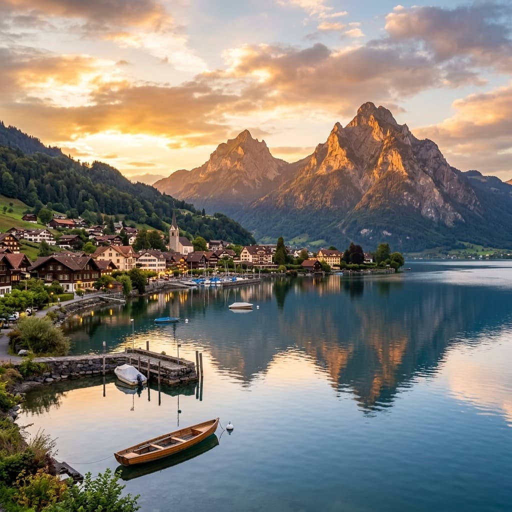 Abendliche Seenlandschaft mit Bergen im Kanton Schwyz